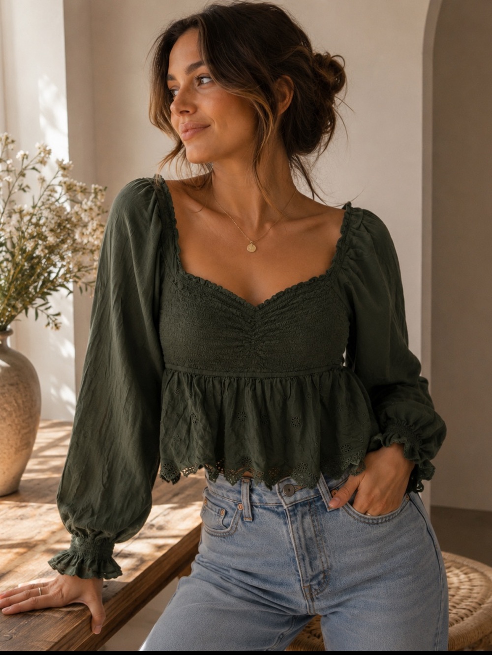 American Eagle Green Smocked Babydoll Top Long Sleeve Peplum Blouse L